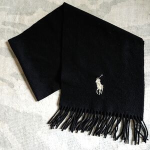 Vintage Polo Ralph Lauren 100% Lambs Wool black fringed scarf